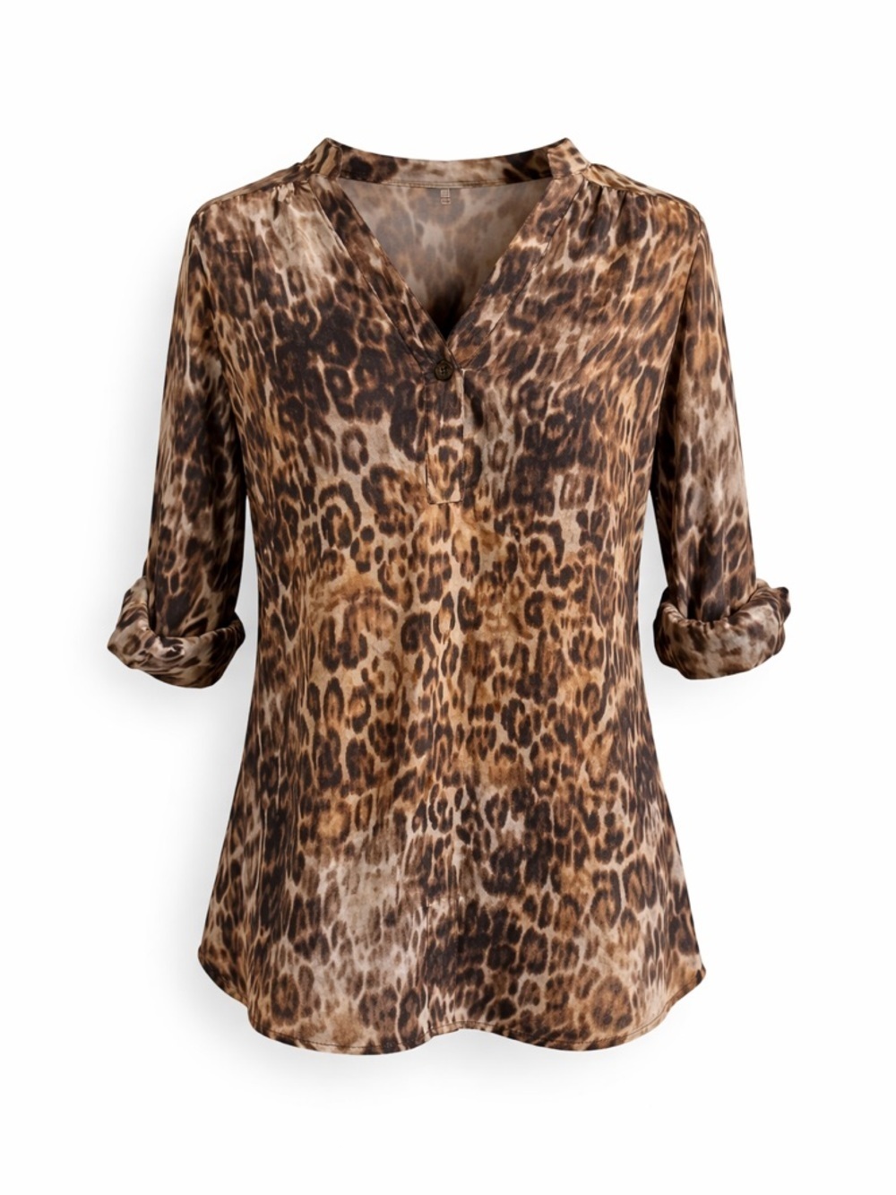 Karina Grimaldi Leopard Animal Print Silk Roll Tab Sleeve Relaxed Fit Top Medium
